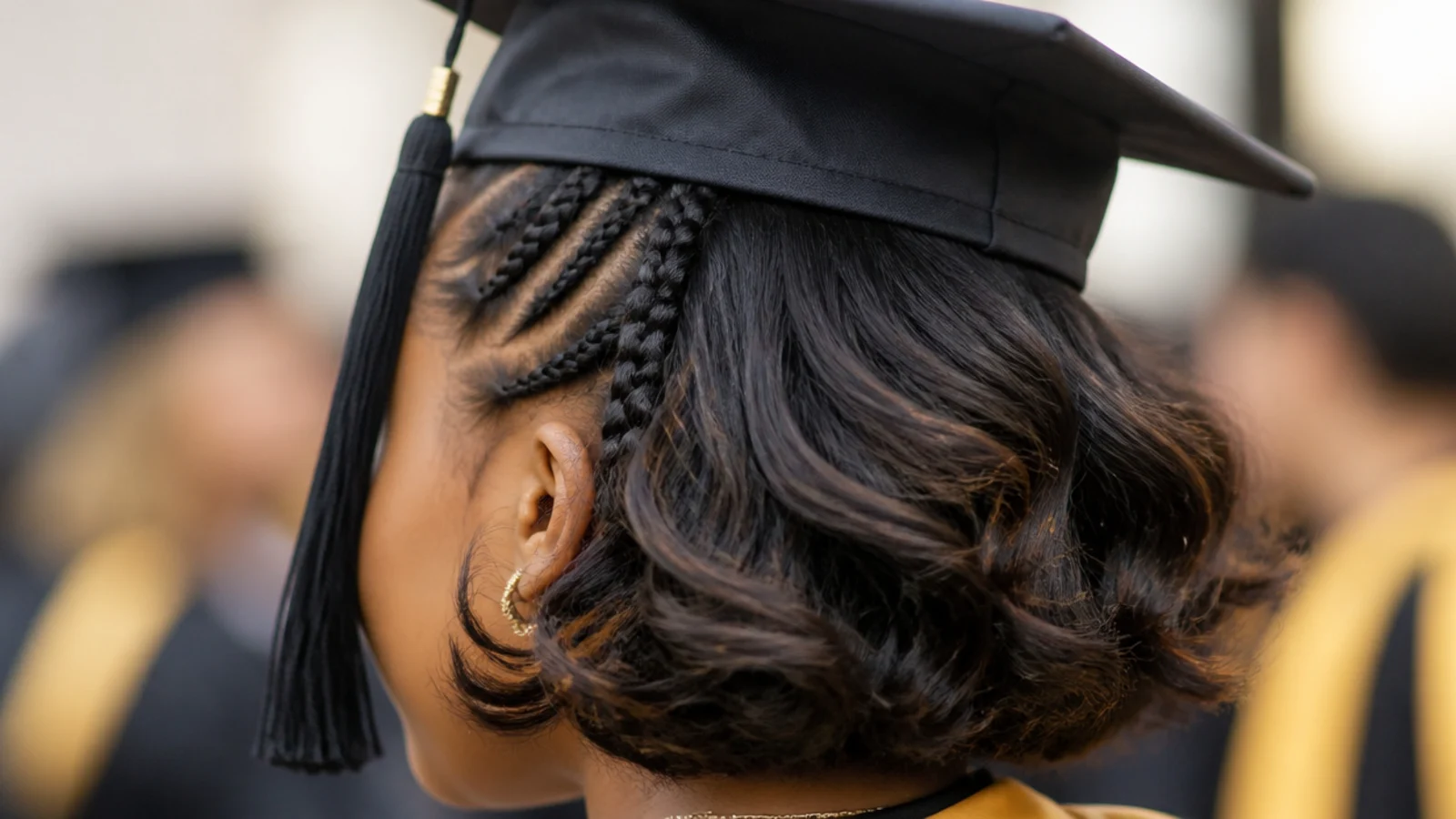 Micro accent braids along a side part as a subtle braided graduation hairstyle for short hair under a cap