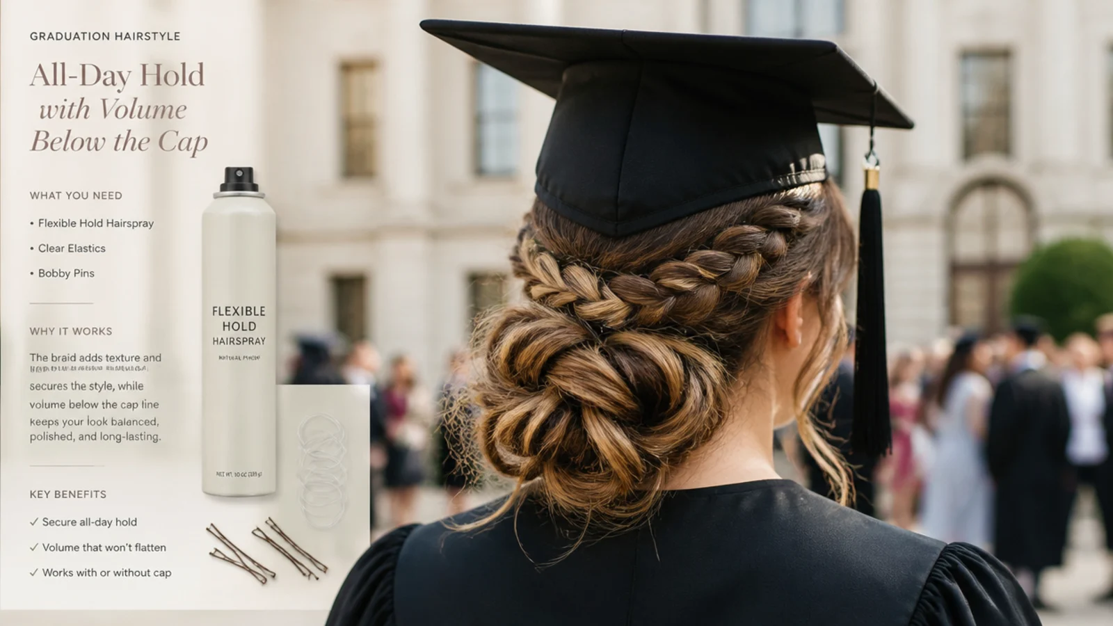 Flexible hold hairspray, clear elastics and bobby pins laid out for braided graduation hairstyles that last all day
