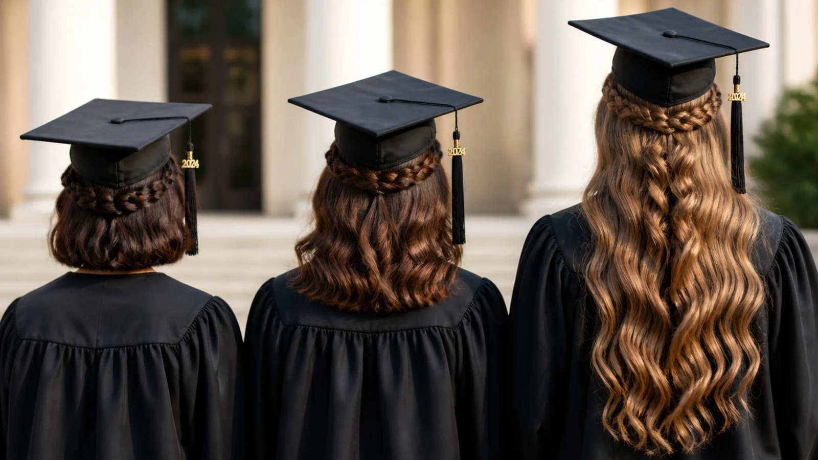 Braided graduation hairstyles by hair length across a chin length bob, shoulder length hair and waist length hair