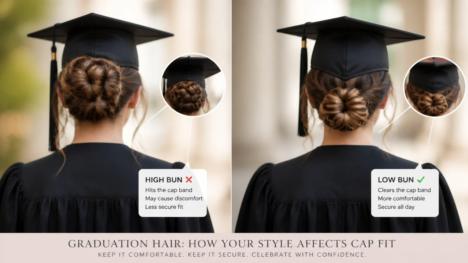 Braided graduation hairstyles compared for cap fit, showing a low braided bun clearing the mortarboard band