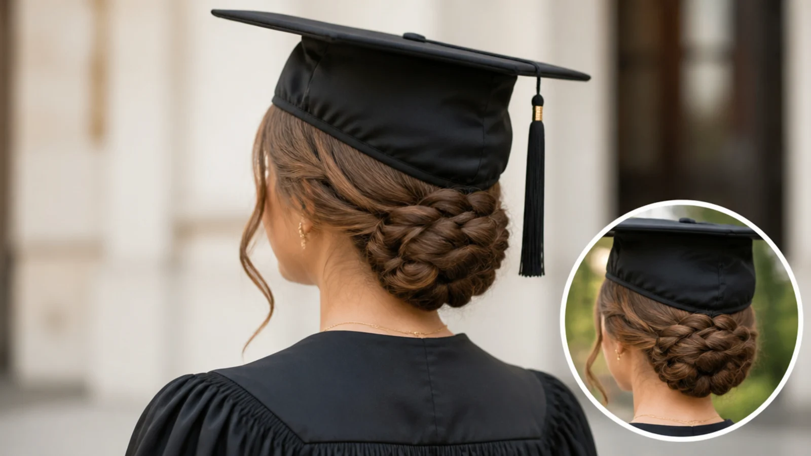 Braided graduation hairstyle after the cap comes off, showing a low braided bun with no crown dent before photos
