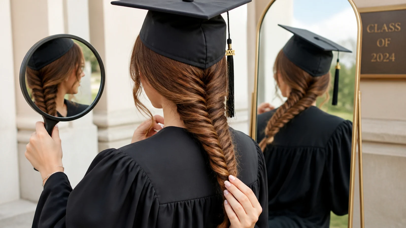 Braiding your own hair for graduation using two mirrors, with a side fishtail braid pulled over one shoulder
