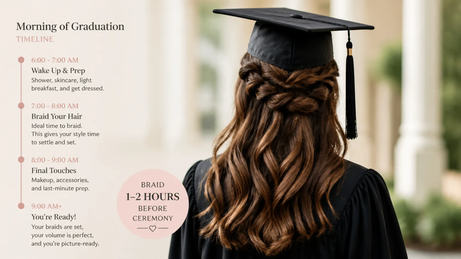 Morning of graduation timeline for braided hairstyles showing braiding one to two hours before the ceremony