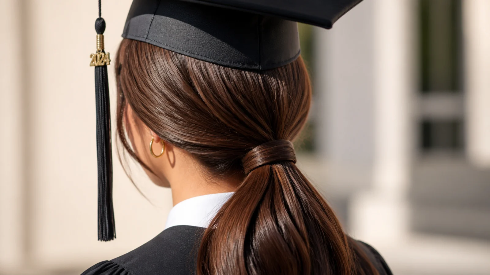 Sleek low graduation ponytail with a strand of hair wrapped around the elastic at the nape