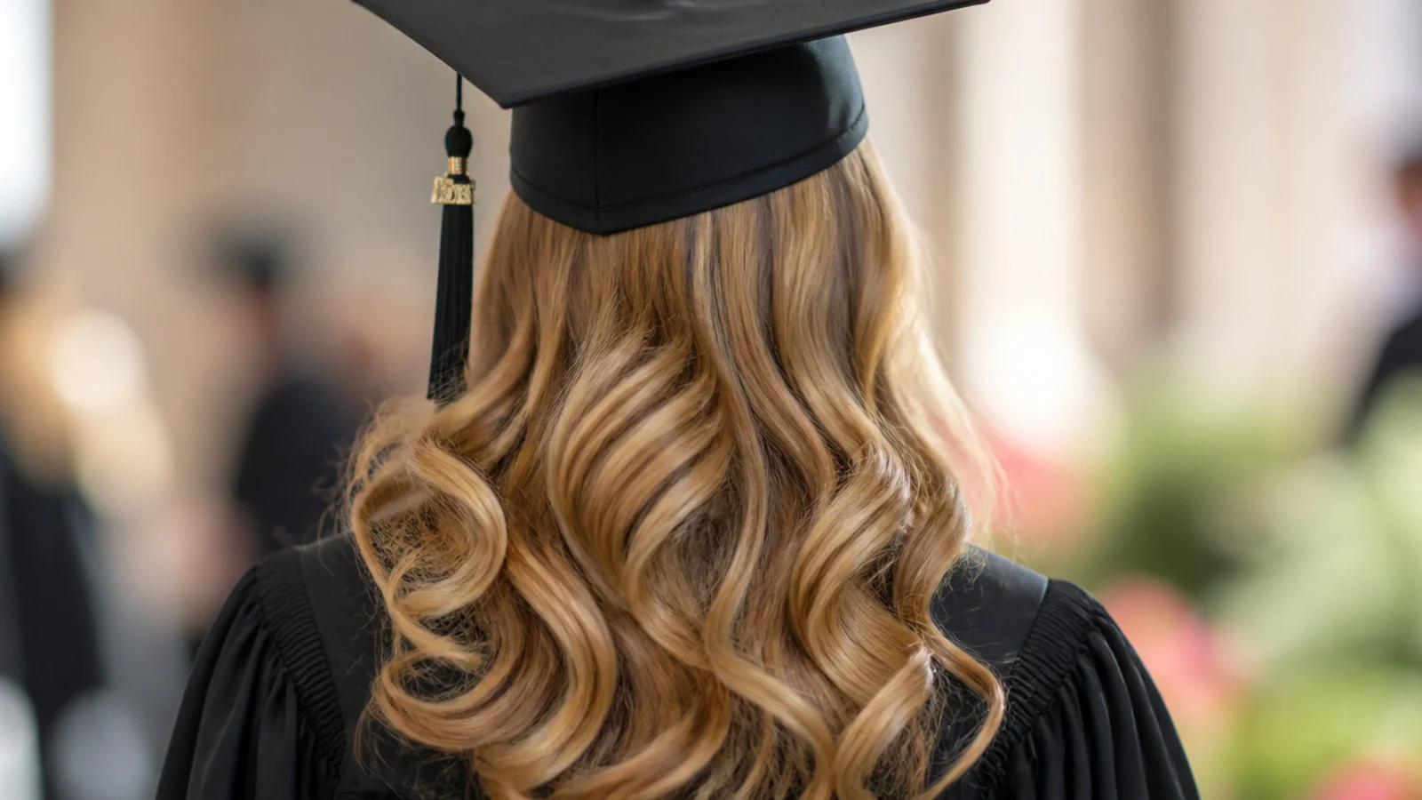 Heatless overnight waves for graduation created from two low side buns, worn loose under a cap