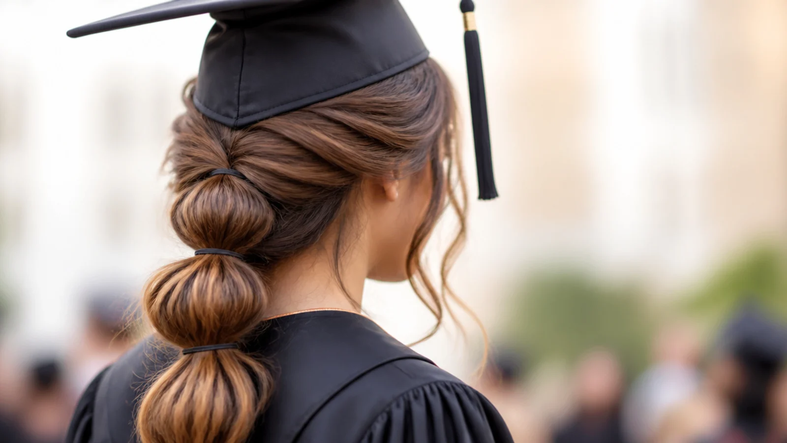 Half up bubble ponytail graduation hairstyle with three clear elastics down the back section