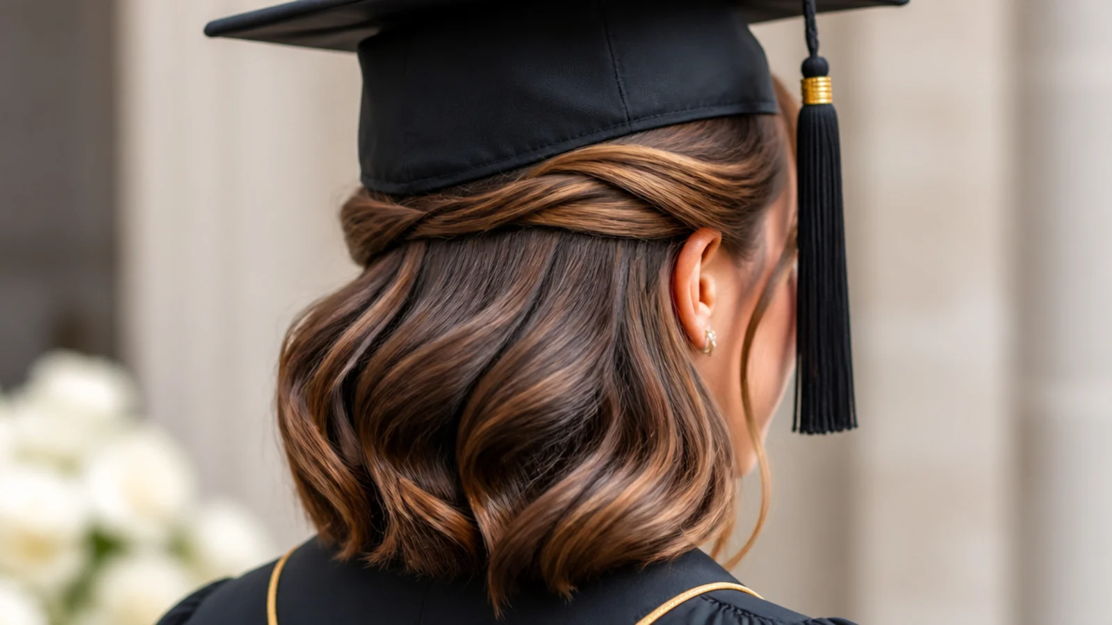 Side swept graduation waves pinned behind one ear with volume below the cap line