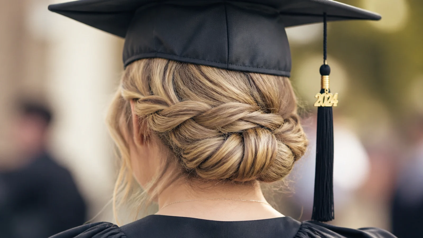 Long hair braided and tucked under into a faux bob for graduation, sitting flat under the cap