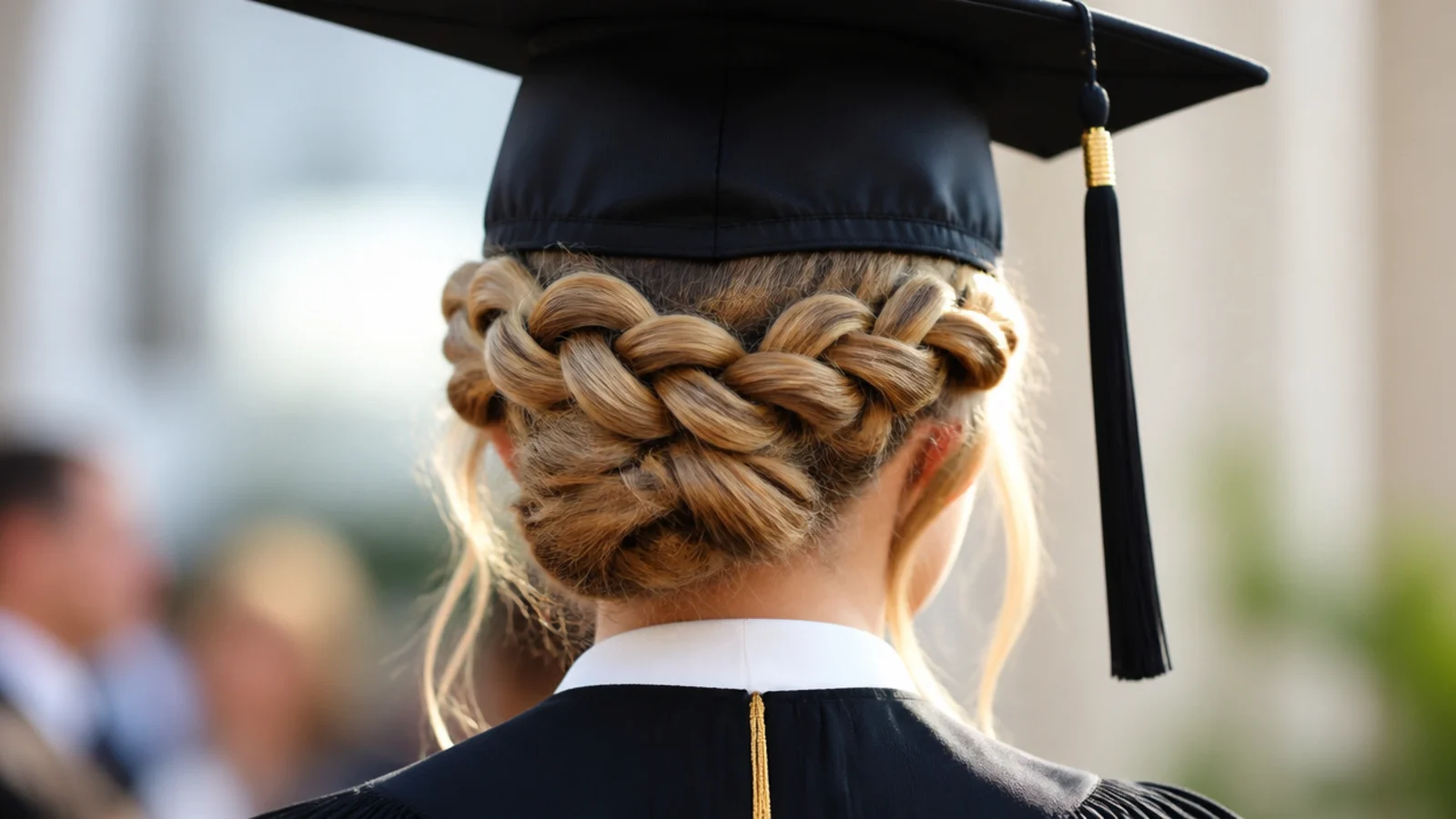 Loose Dutch crown braid for graduation kept low around the head so the cap edge clears it