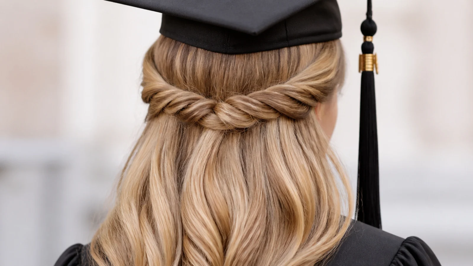 Graduation half up hairstyle with two rope twists from the temples joined at the back