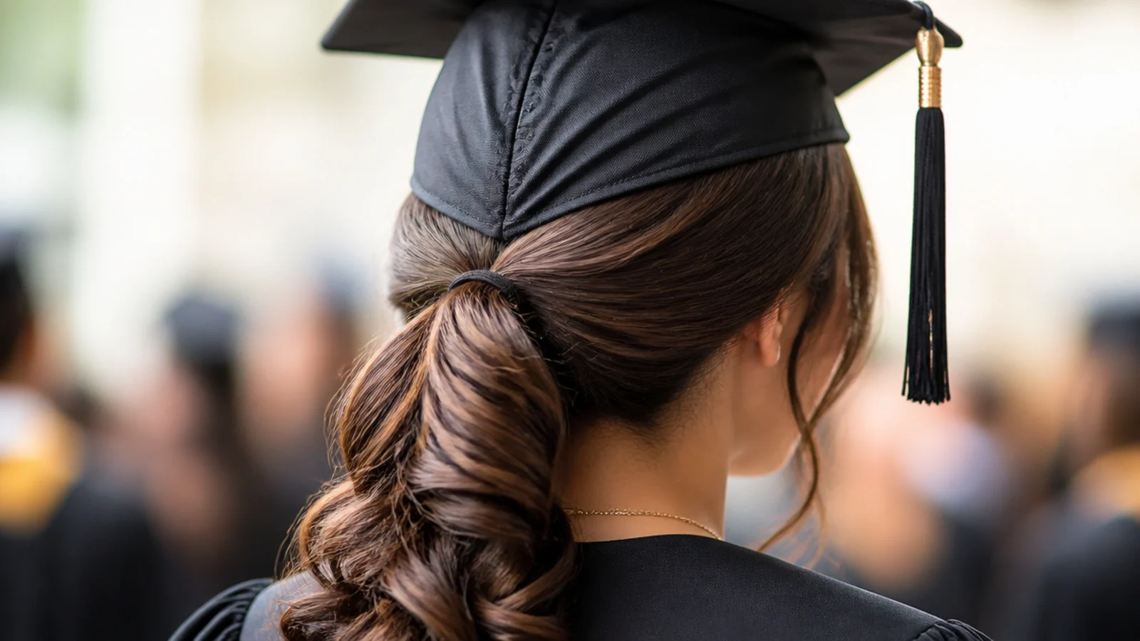Textured low graduation ponytail with smoothed roots and curled ends below the elastic