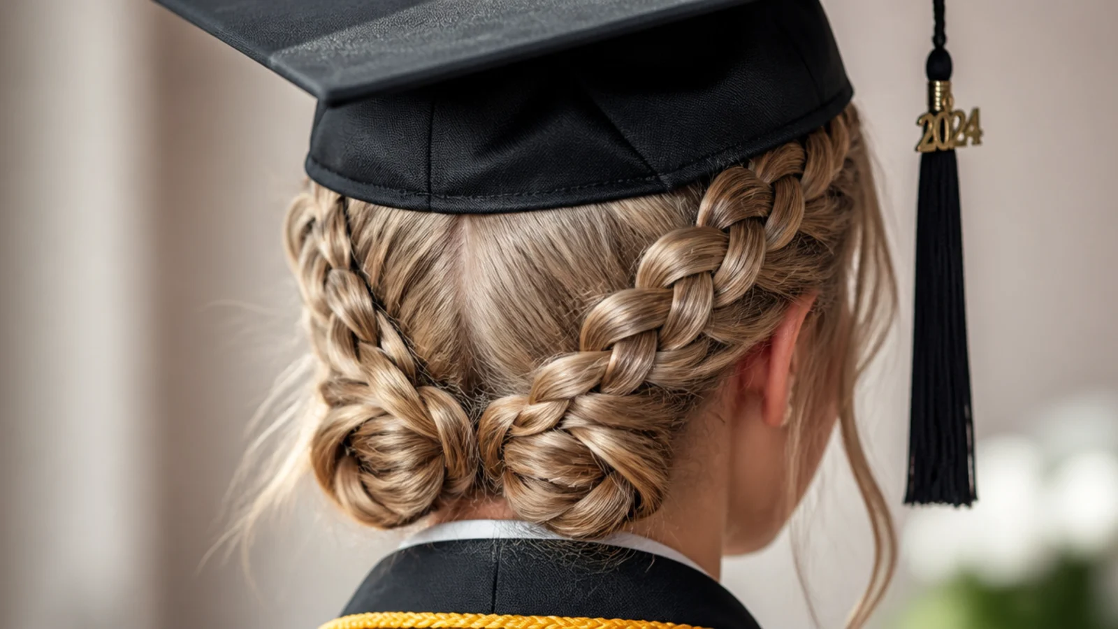 Two low Dutch braids pinned up at the nape for graduation, flat enough for the cap band