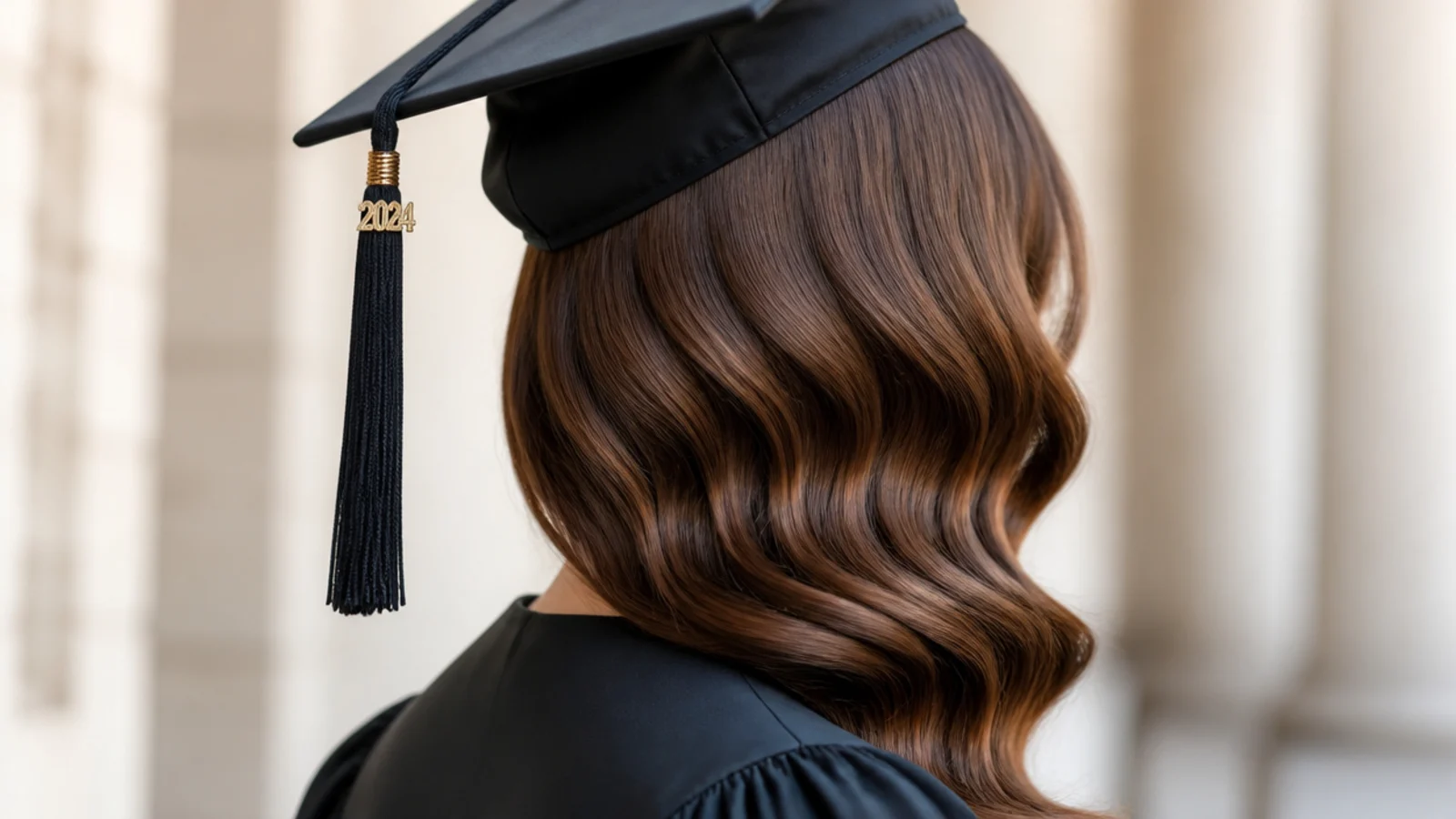 Deep side part graduation hairstyle with one sculpted Hollywood wave swept over the shoulder