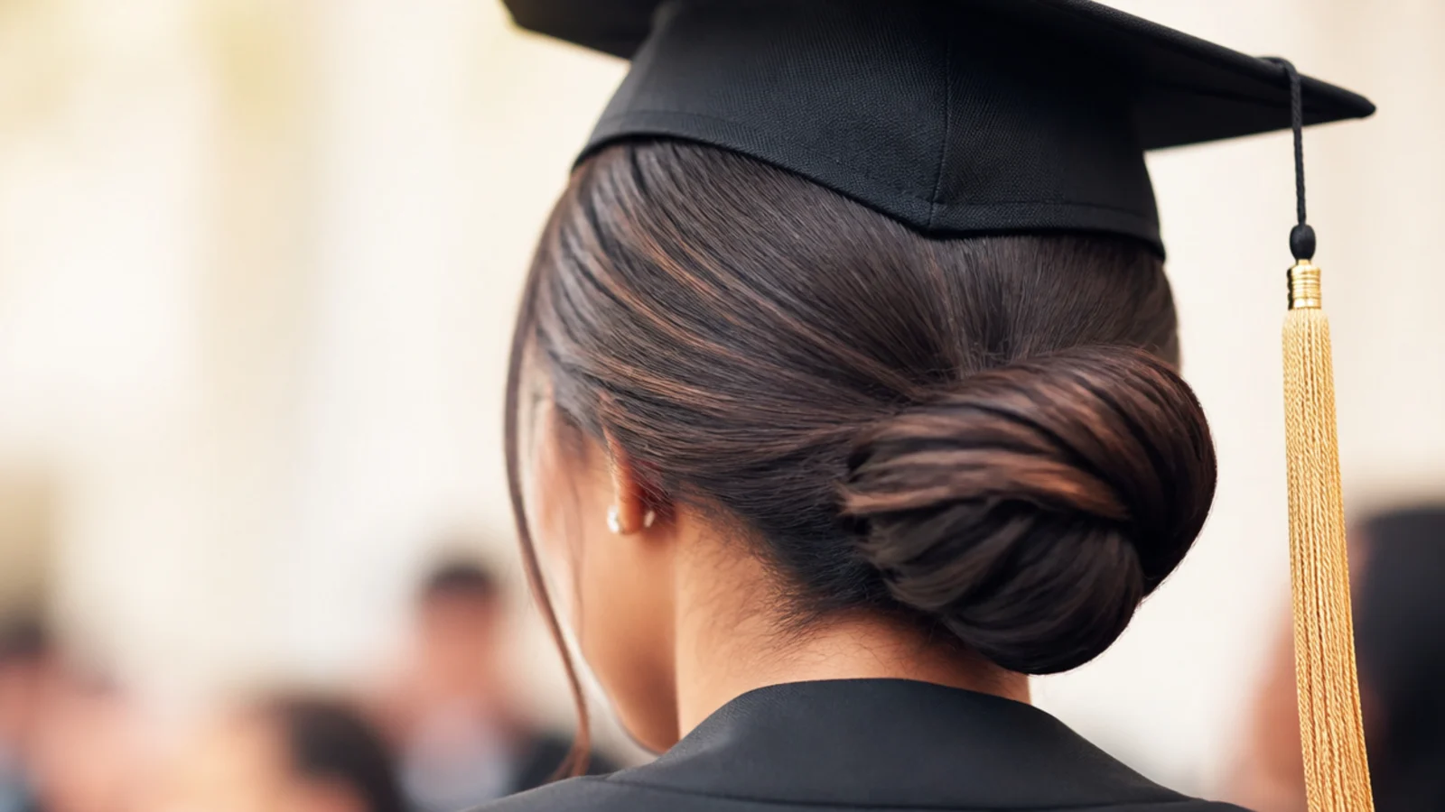 Slicked back low bun graduation hairstyle with smoothed edges sitting flat under the cap band