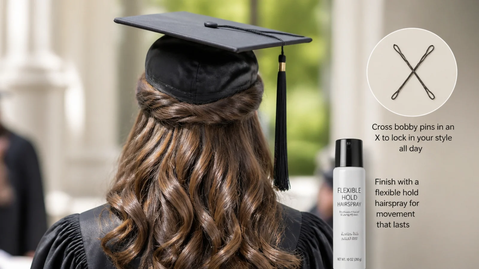 Flexible hold hairspray and bobby pins crossed in an X used to secure a graduation cap all day
