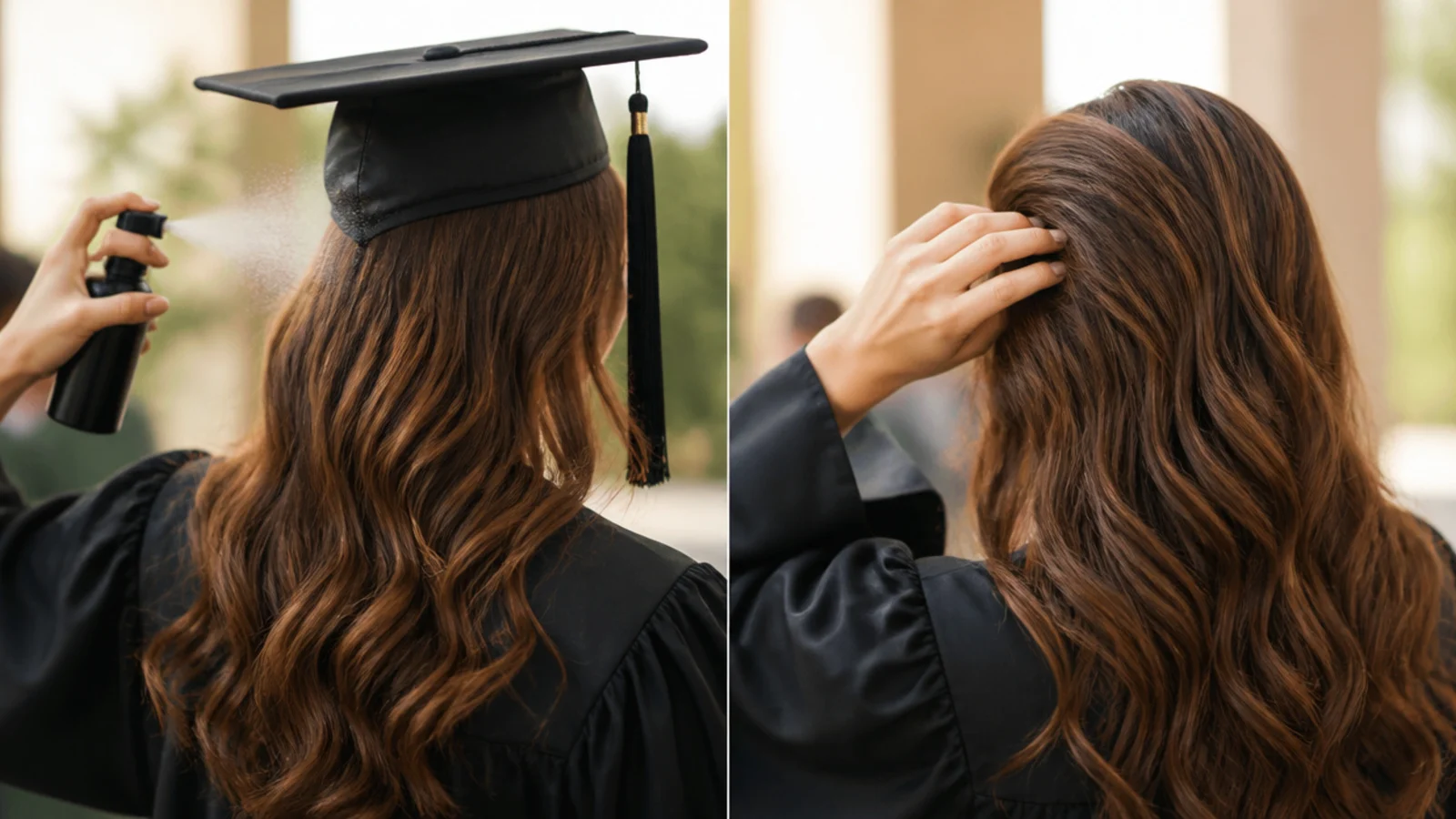 Fixing graduation cap dent at the crown with water mist and finger combing before photos