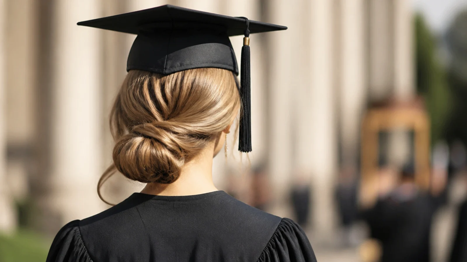 Easy graduation hairstyle with a low twisted bun at the nape sitting below a mortarboard cap line