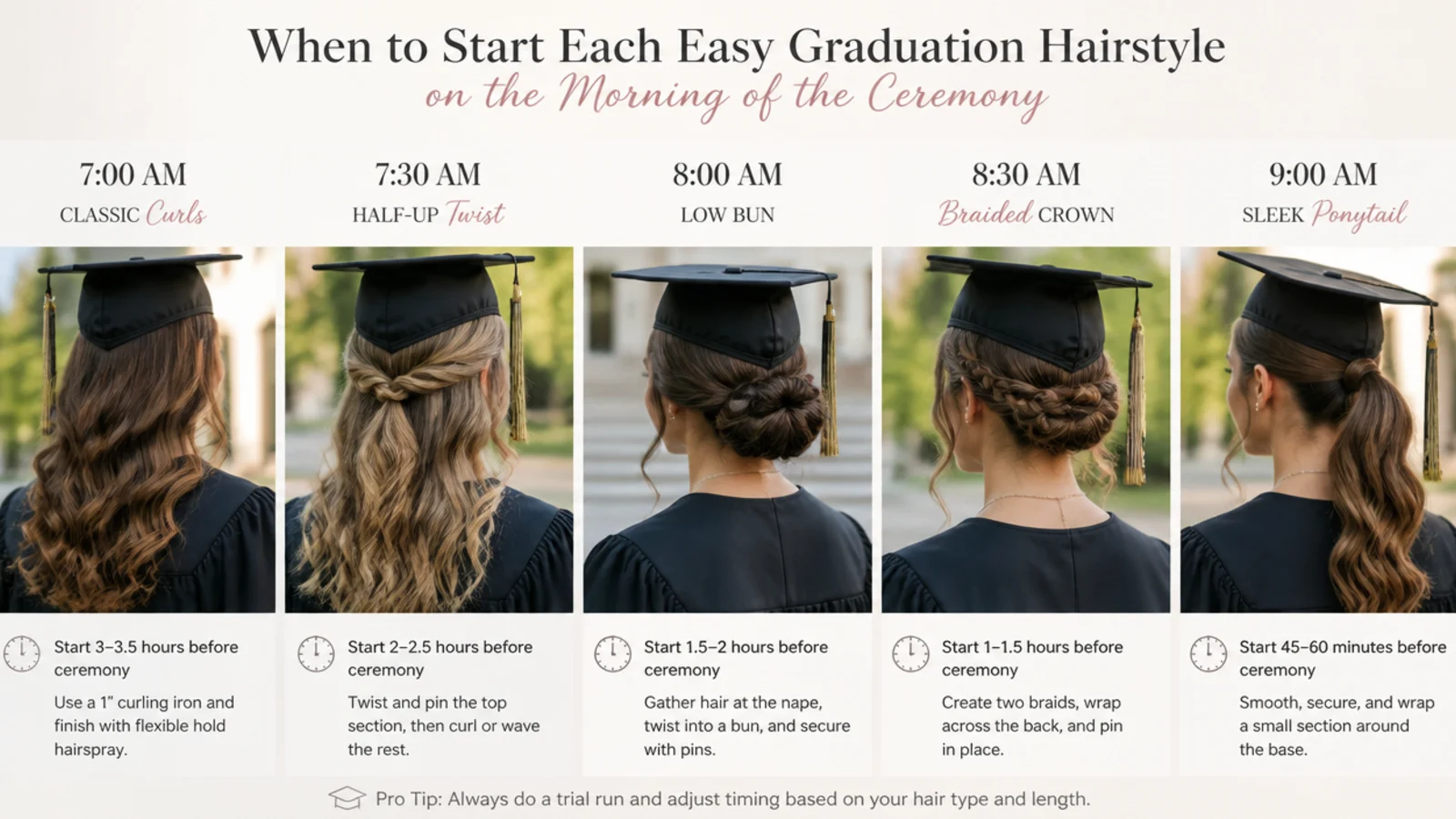 Timeline of when to start each easy graduation hairstyle on the morning of the ceremony