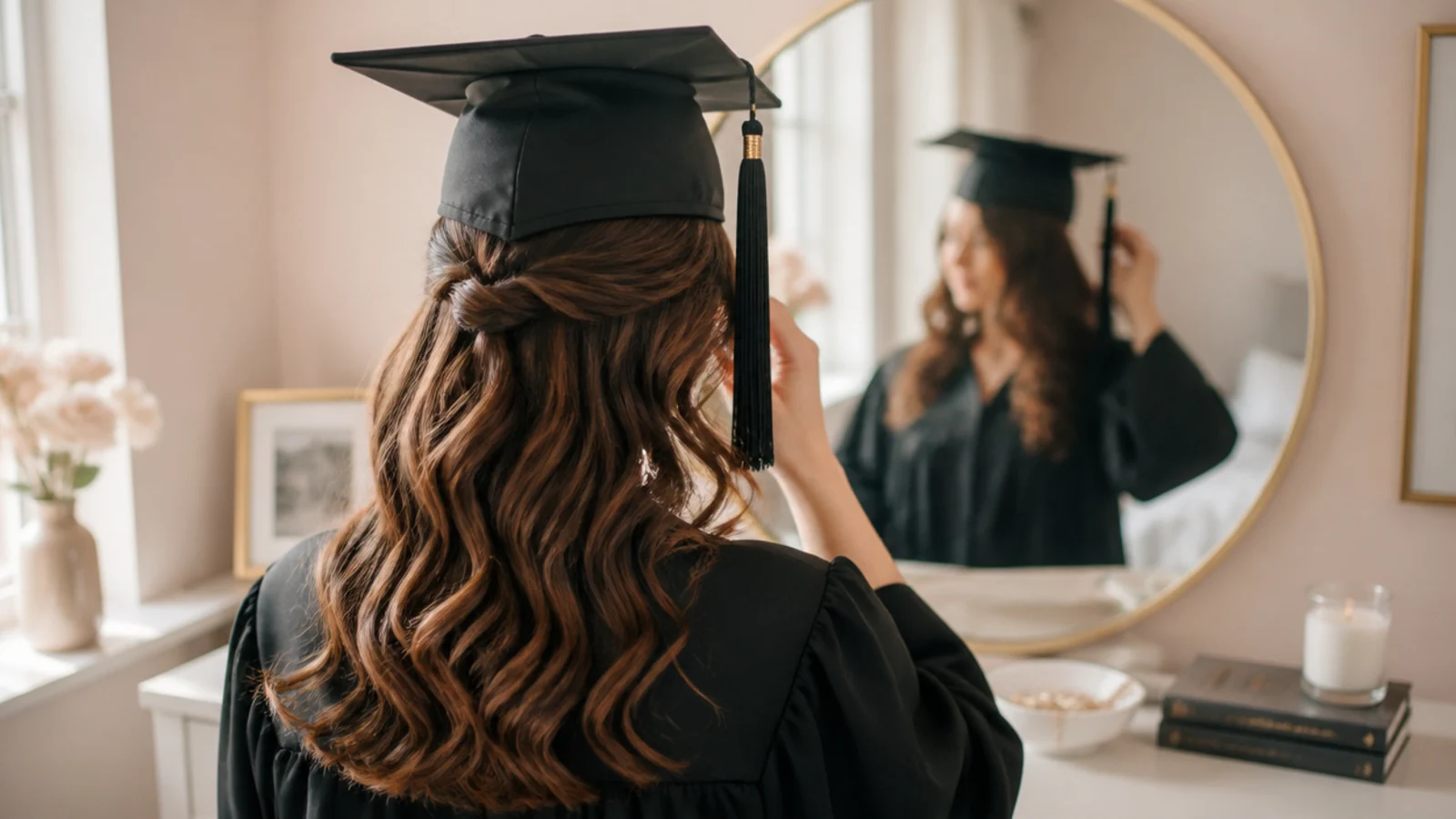 Styling an easy graduation hairstyle alone in a mirror on the morning of the ceremony