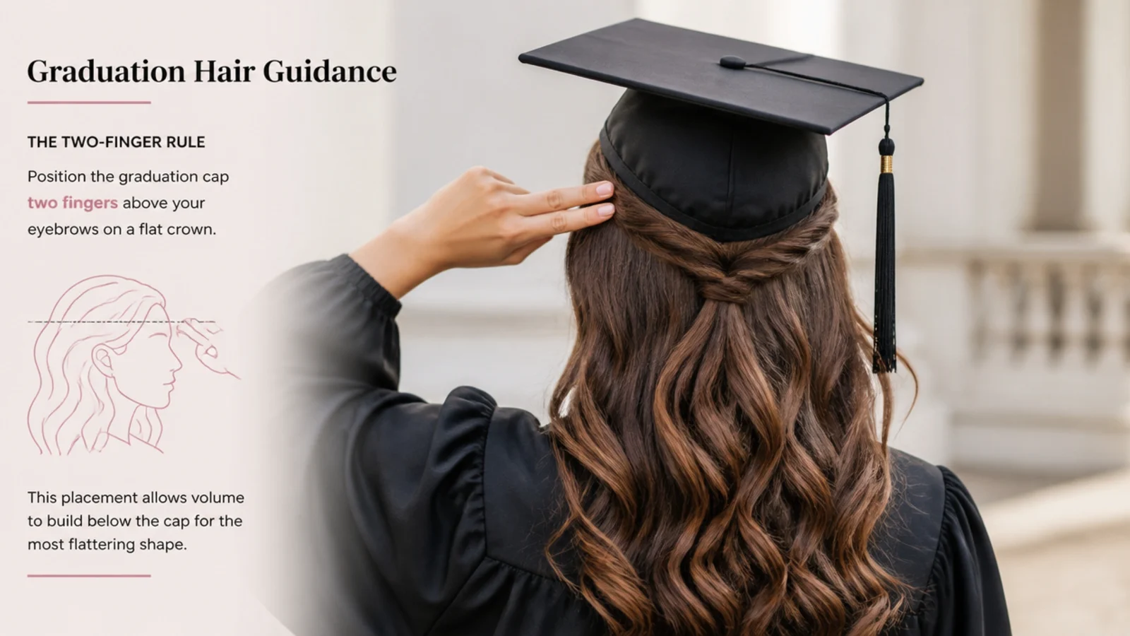 Diagram style view showing the graduation cap sitting two fingers above the eyebrows on a flat crown