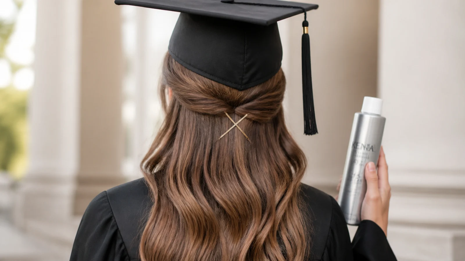 Bobby pins crossed in an X and flexible hold hairspray used for all day graduation hold