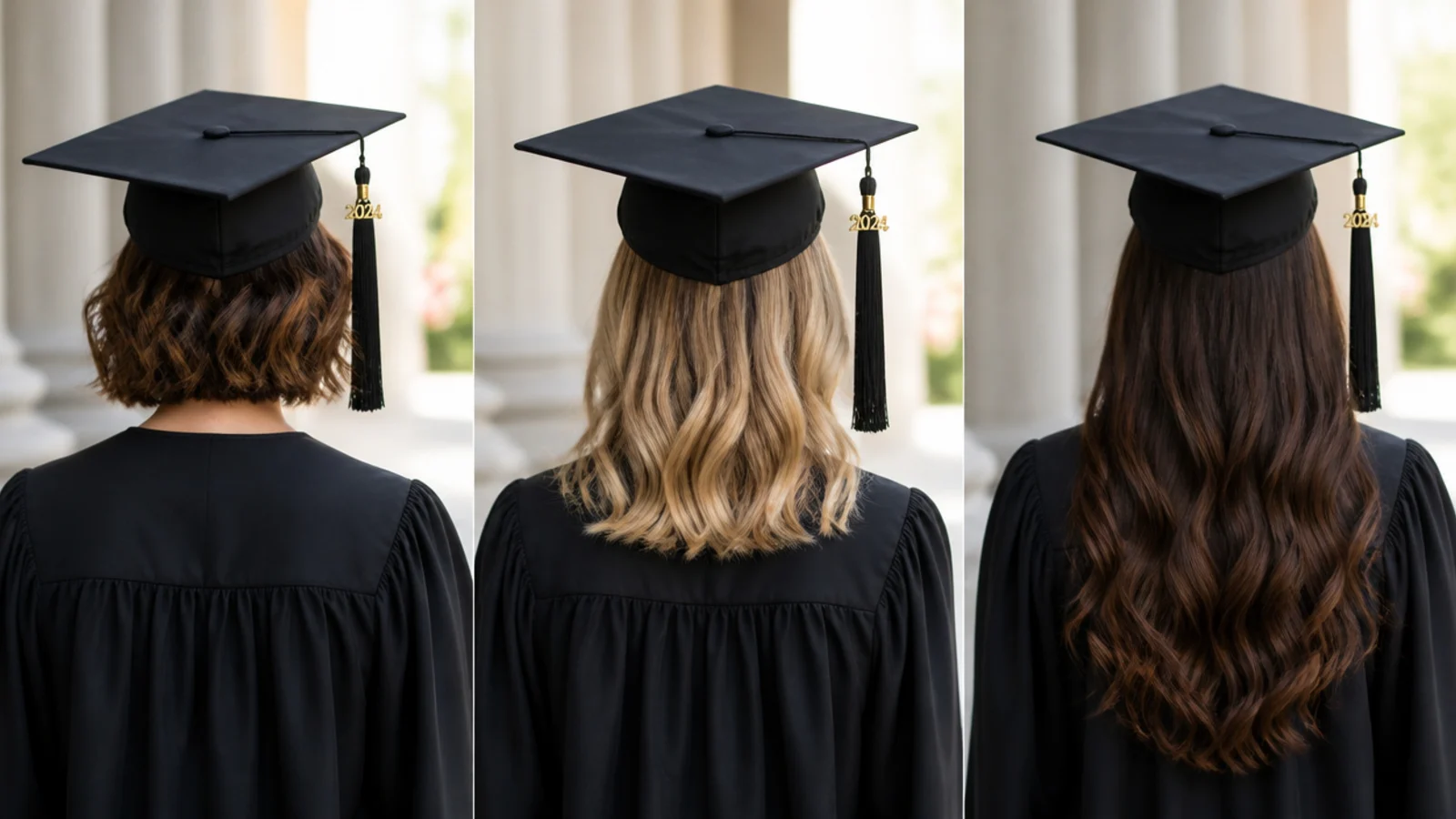 Short bob, medium lob and long hair styled three ways under a graduation cap