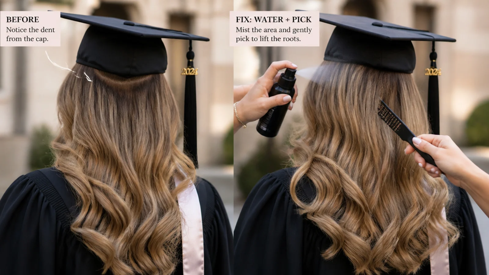 Fixing a graduation cap hair dent with water mist and a pick before photos