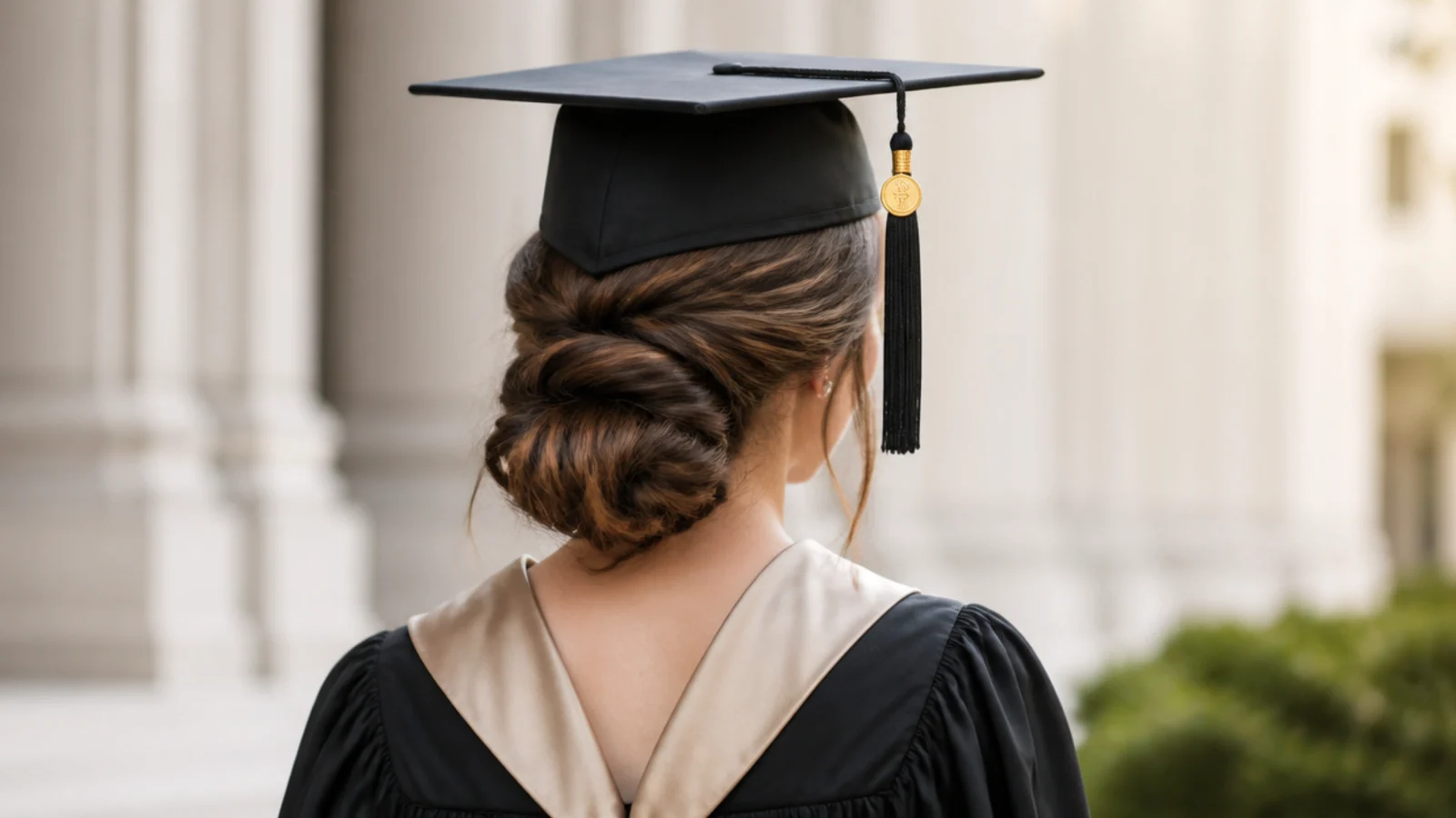 A low twisted bun sitting below the graduation cap line with the mortarboard flat on the crown