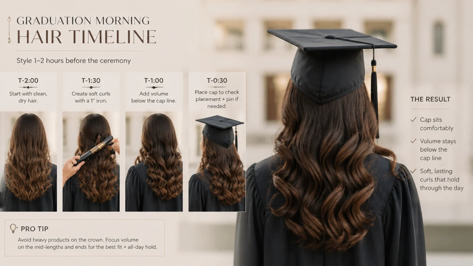 A graduation morning hair timeline showing styling one to two hours before the ceremony
