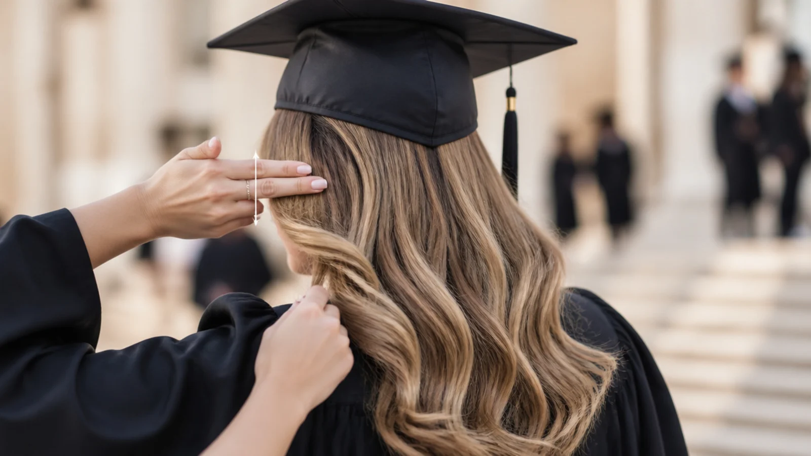 Measuring the graduation cap line two fingers above the eyebrows before styling hair