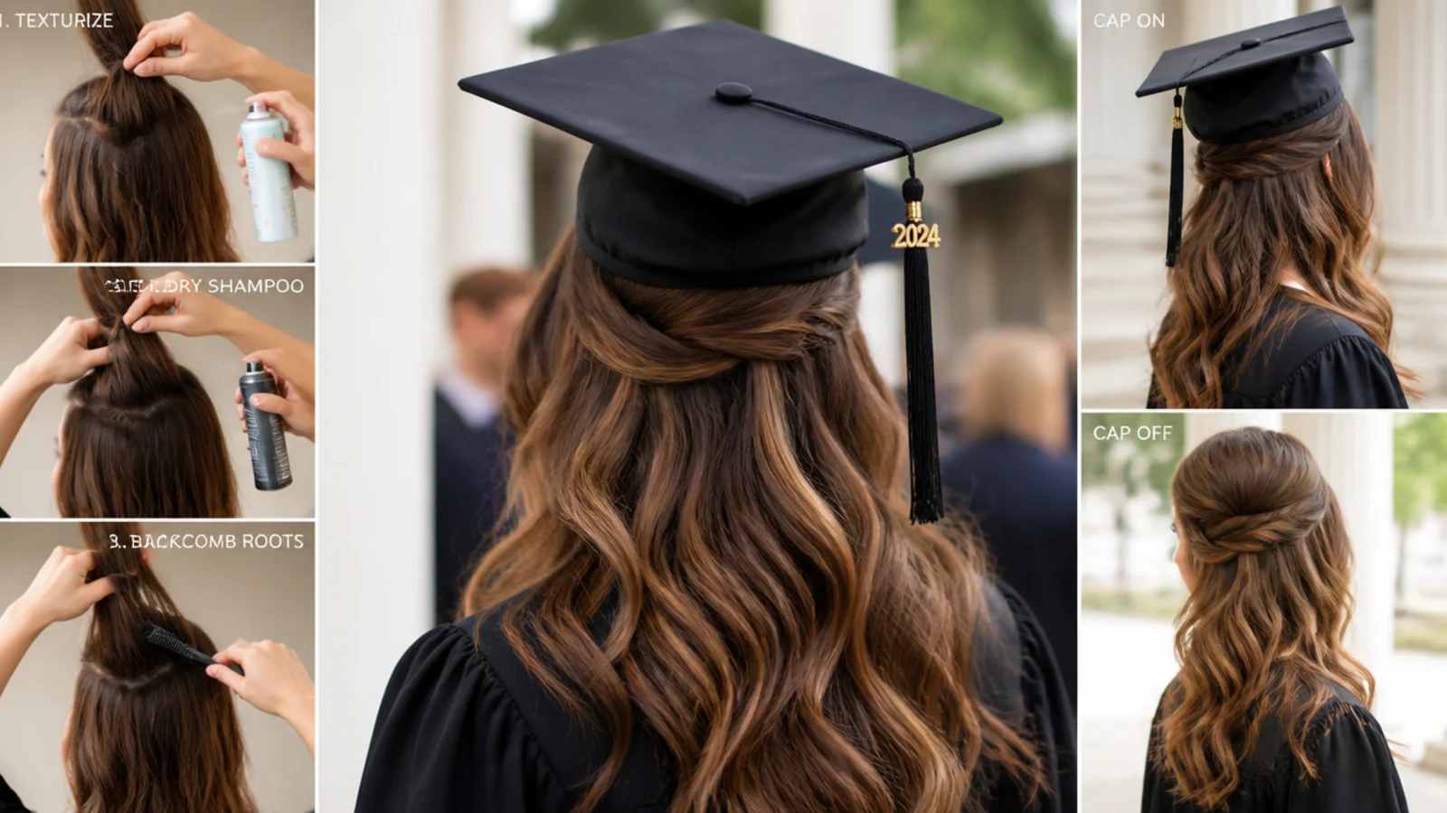 Texturizing spray and dry shampoo applied at the roots for grip under a graduation cap