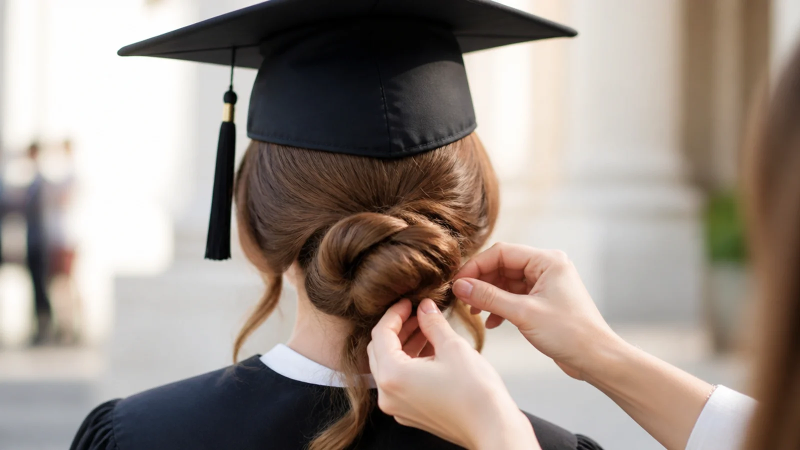 A low bun built below the graduation cap line with a smooth flat crown above it