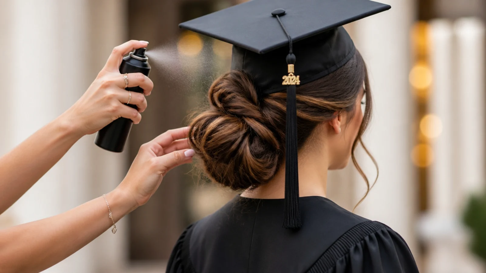Flexible hold hairspray misted over a finished graduation hairstyle before the cap goes on