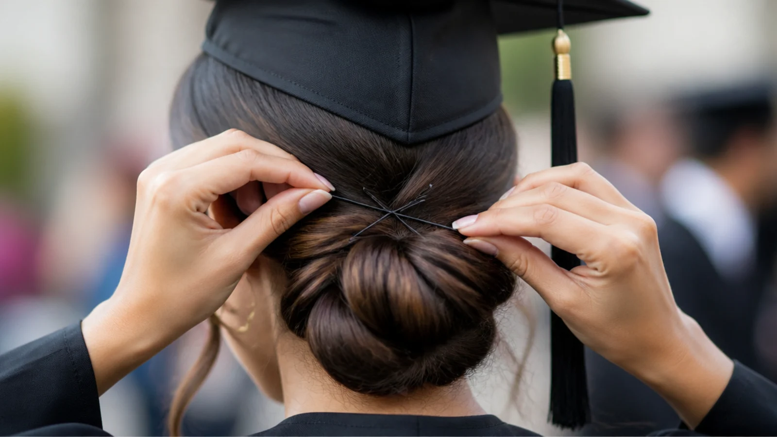 Two bobby pins crossed in an X under the graduation cap band to anchor the mortarboard
