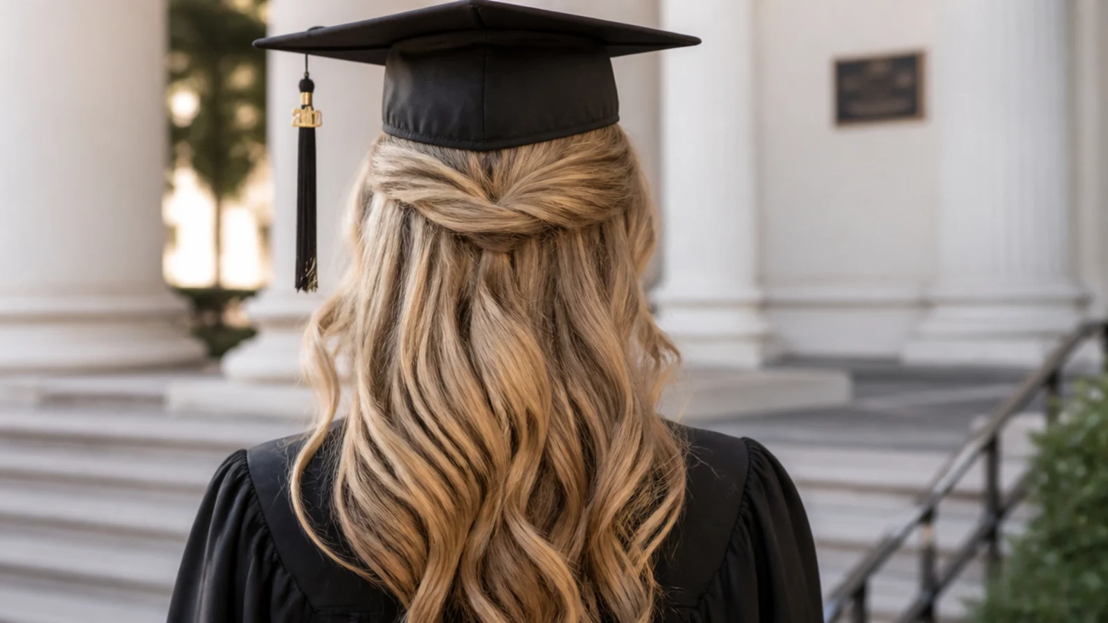 A graduate testing the finished hairstyle with the graduation cap on before the ceremony