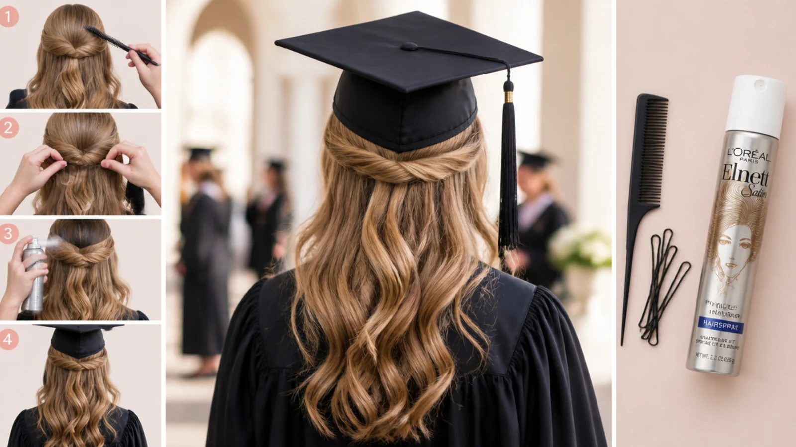 A small kit of bobby pins, pick and travel hairspray for fixing graduation cap hair dent