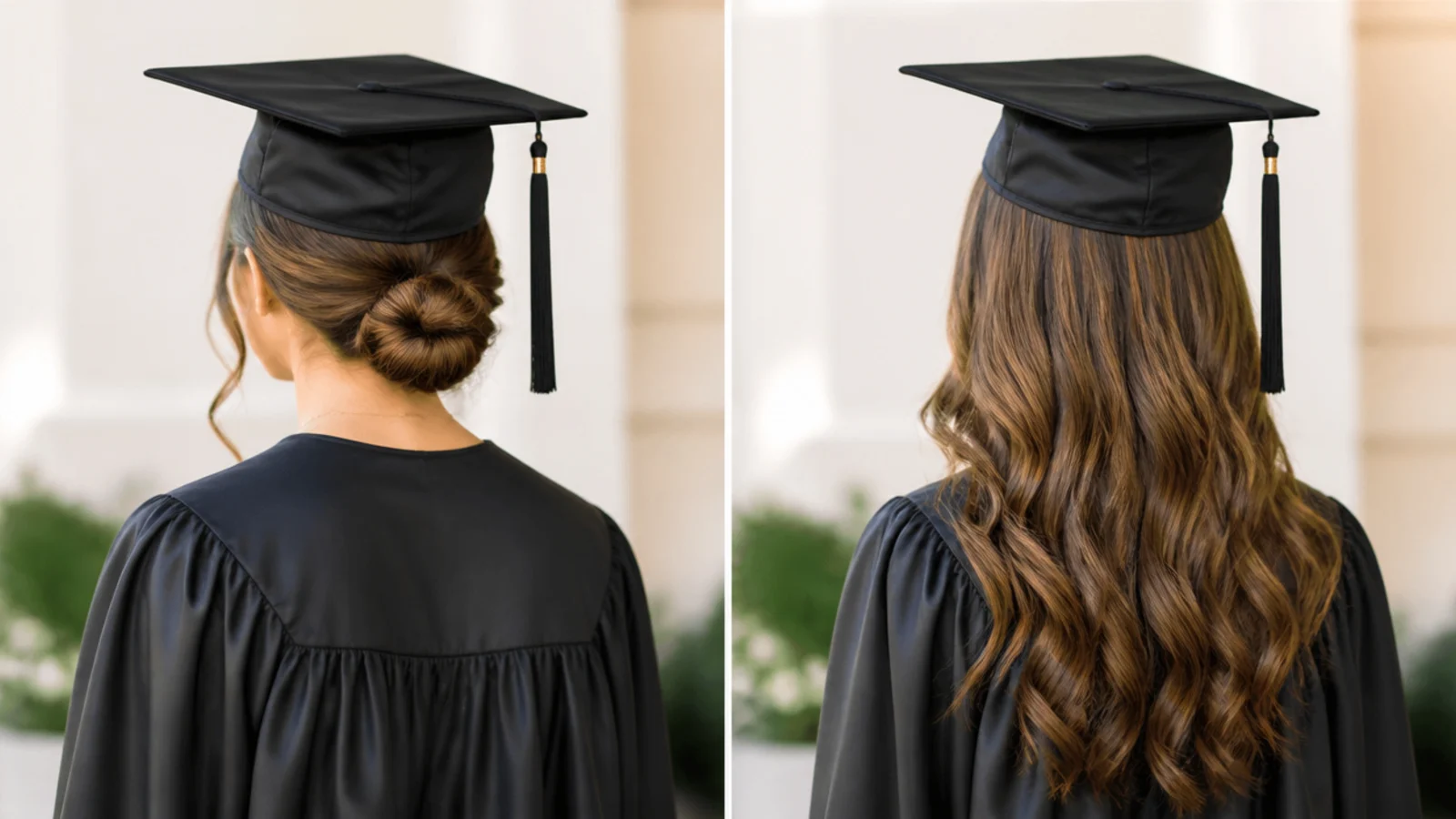 Side by side comparison of an updo and hair worn down for graduation cap photos