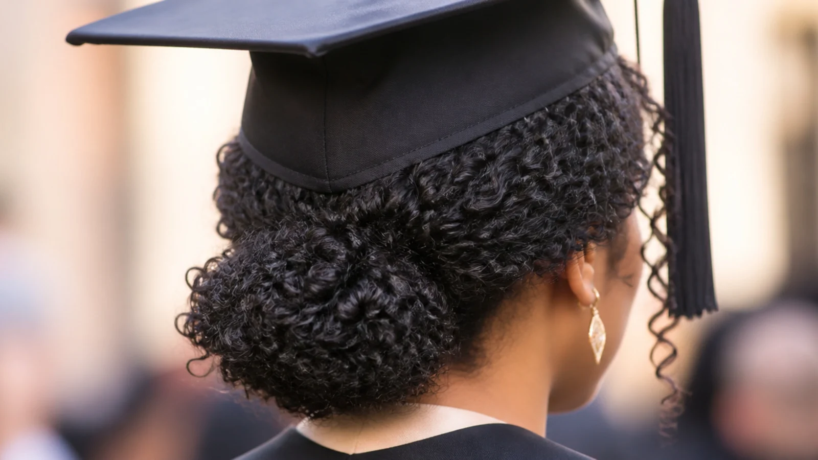 Low chignon on 3B curls sitting at the nape with a graduation cap flat on the crown