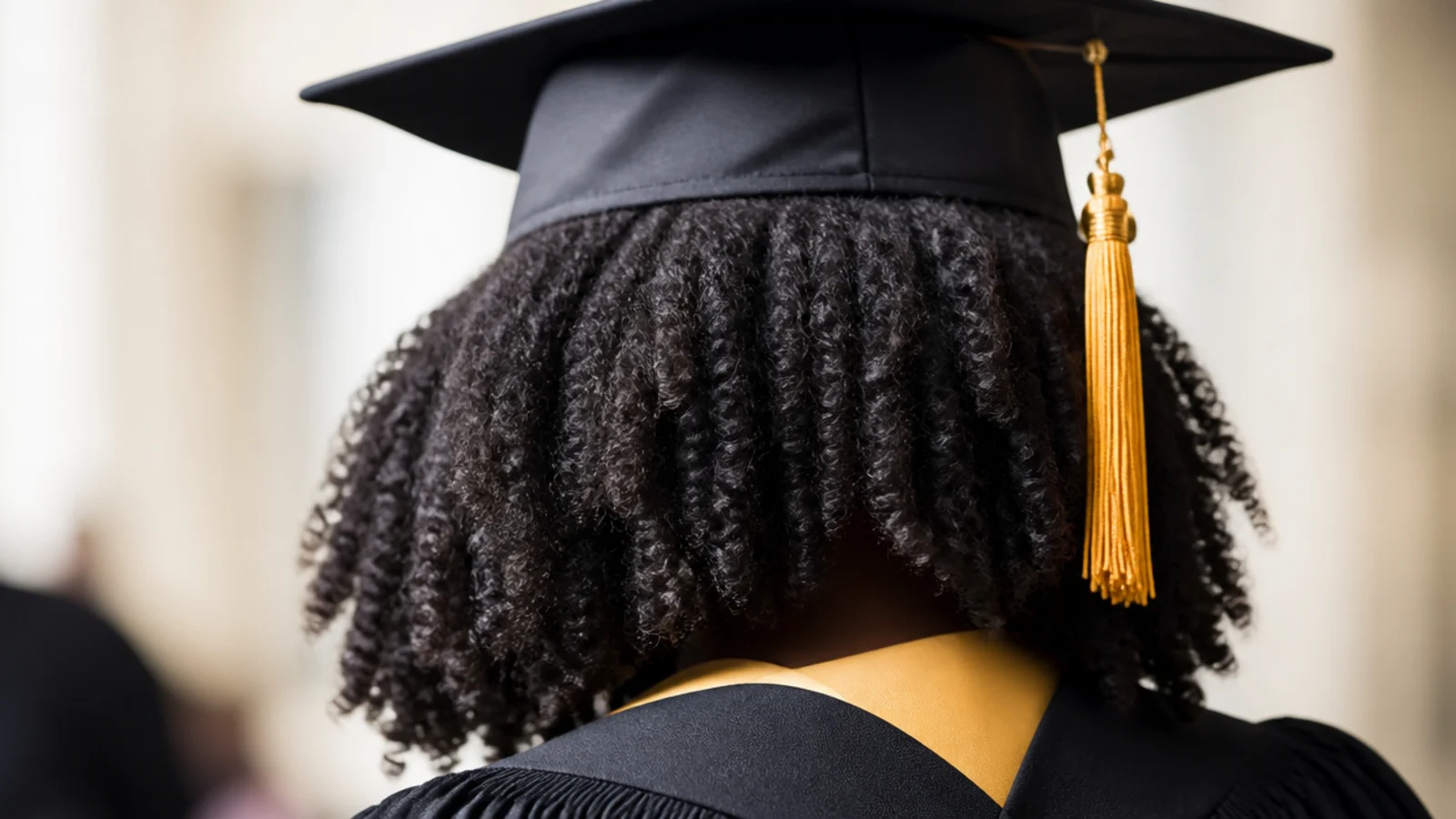 Defined 4A twist-out worn down with width at the sides under a graduation cap