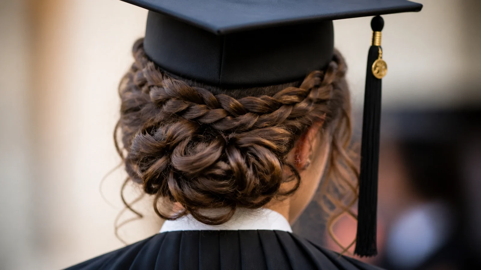 Braided halo crown on curly hair pinned low around the head beneath the graduation cap band