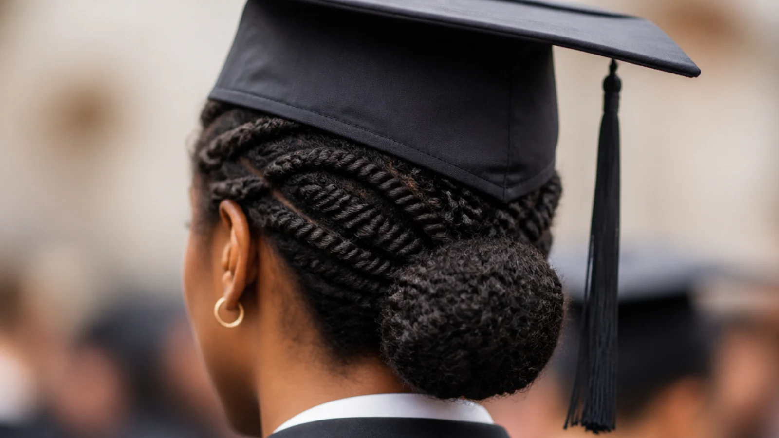 Flat twists on 4C hair gathered into a low bun at the nape with a graduation cap on top