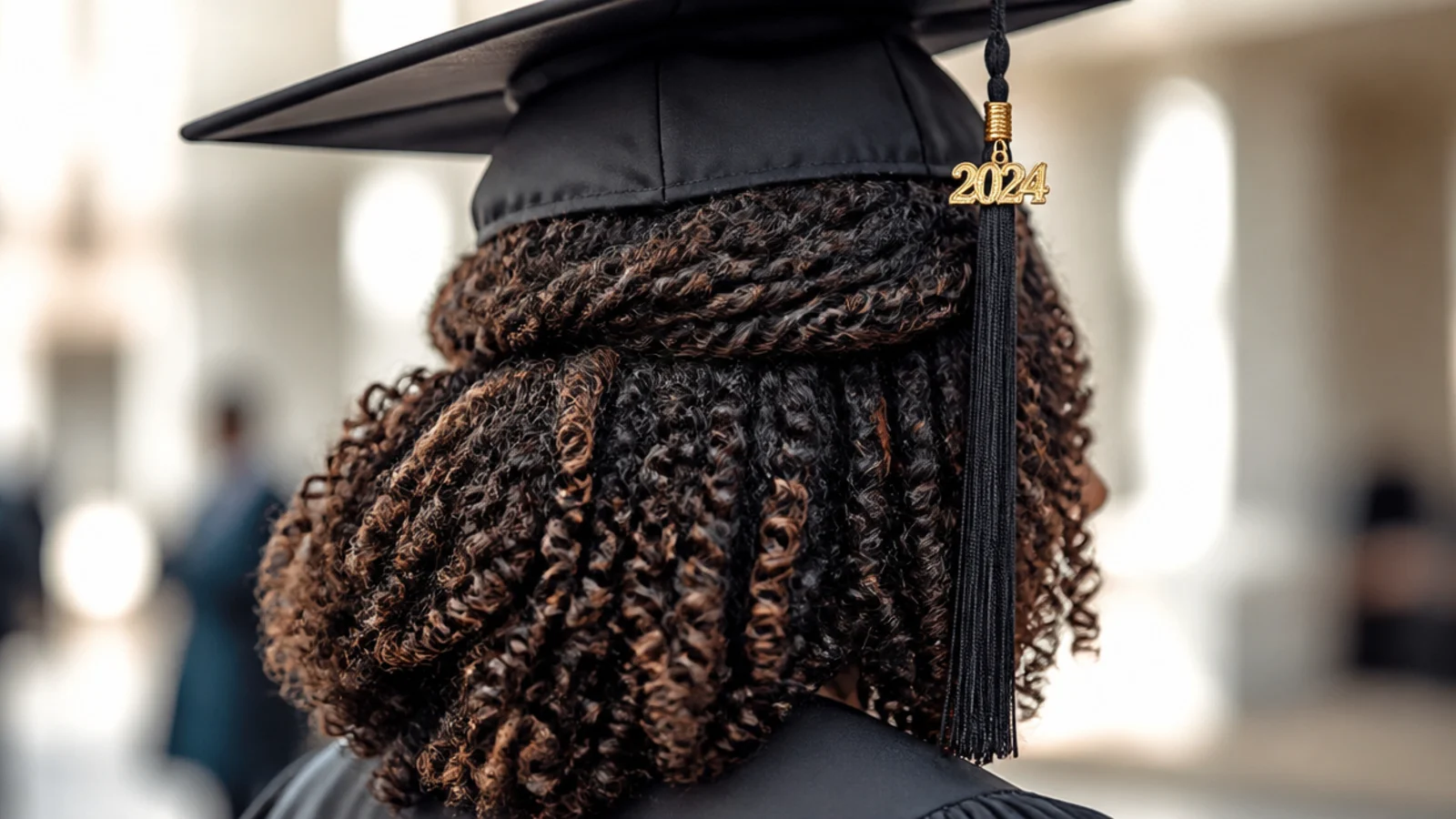 3C twist-out styled half-up with the top section pinned back under a graduation cap