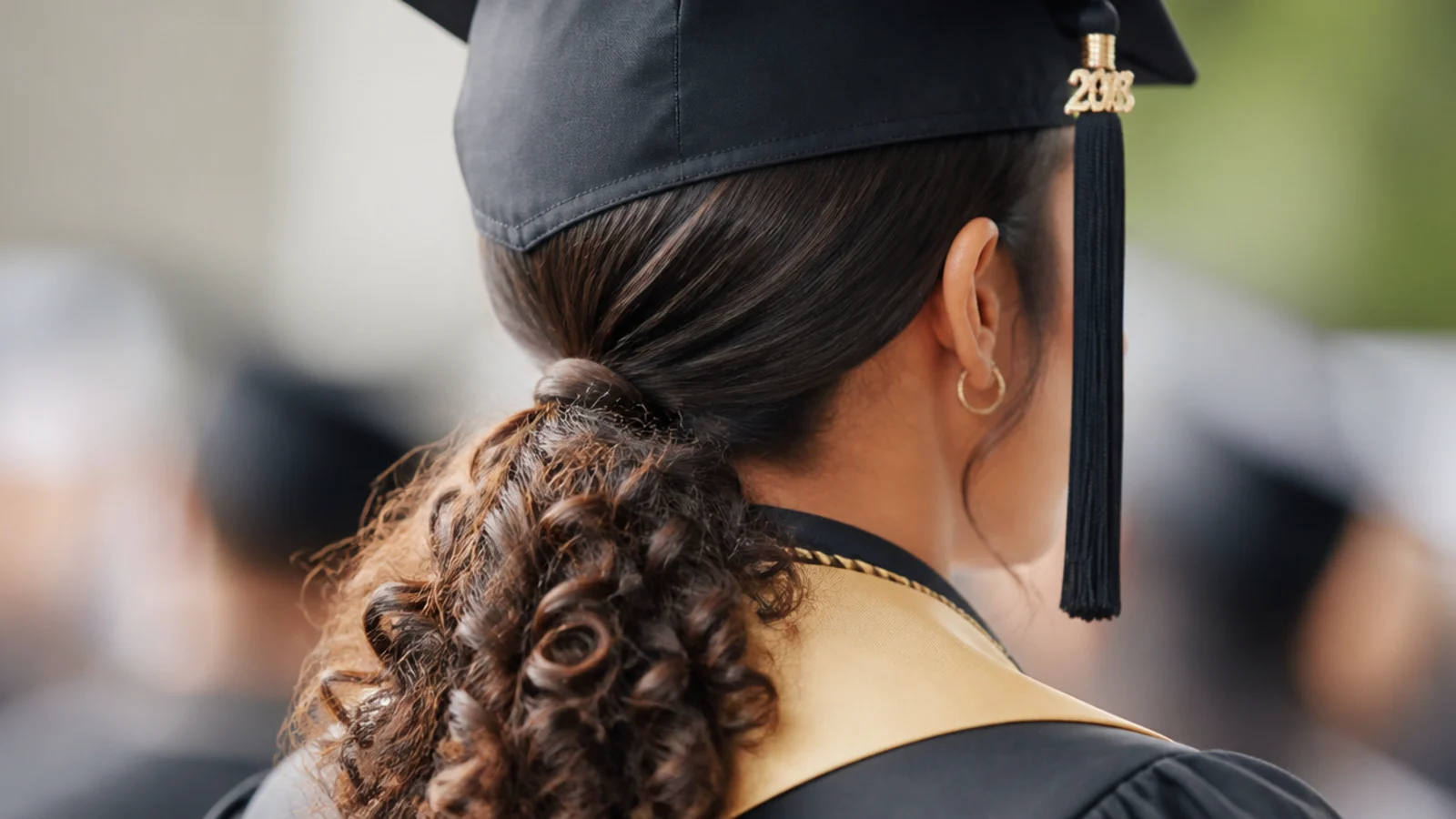 Sleek curly low ponytail at the nape with defined curls in the tail under a graduation cap
