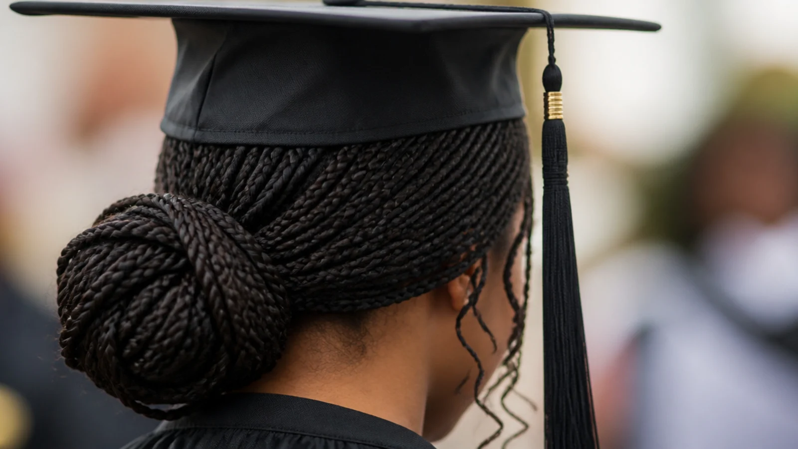Knotless box braids gathered into a low bun at the nape with a mortarboard sitting flat