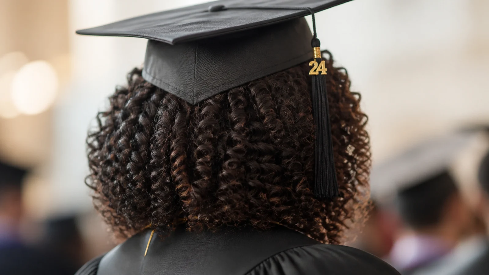 Bantu knot-out waves on 3B curly hair with volume at the sides under a graduation cap