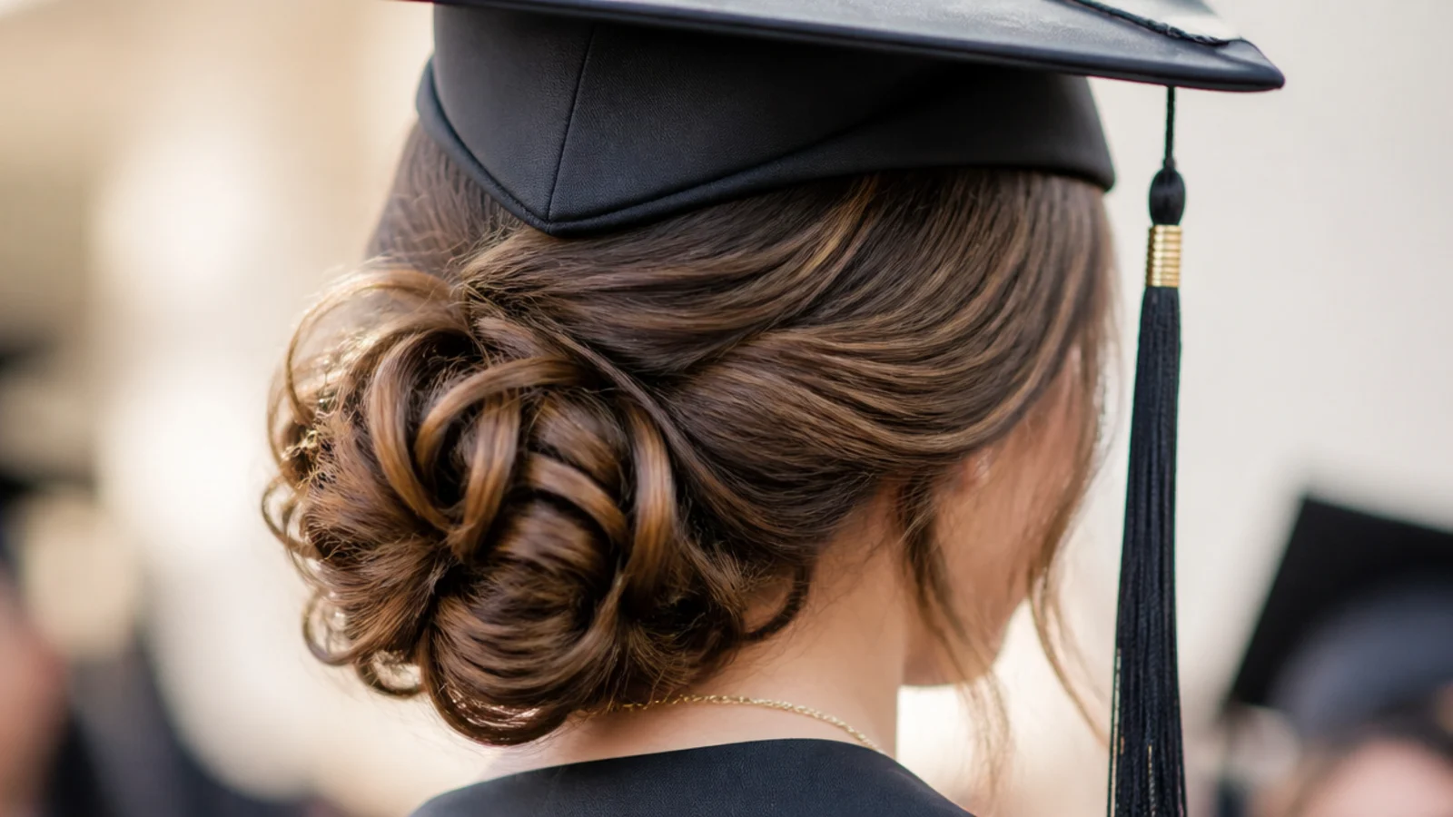 Curly low side bun sitting behind one ear beneath a flat graduation cap