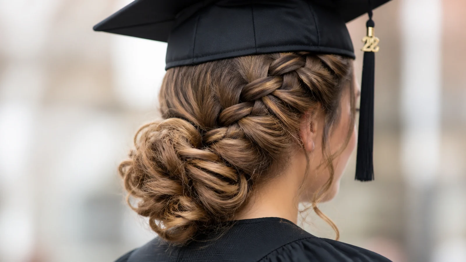 French braid running from the crown into a curly bun at the nape under a graduation cap