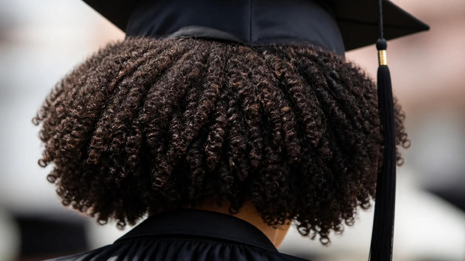 Loose afro shaped wide at the sides with a flatter crown under a graduation mortarboard