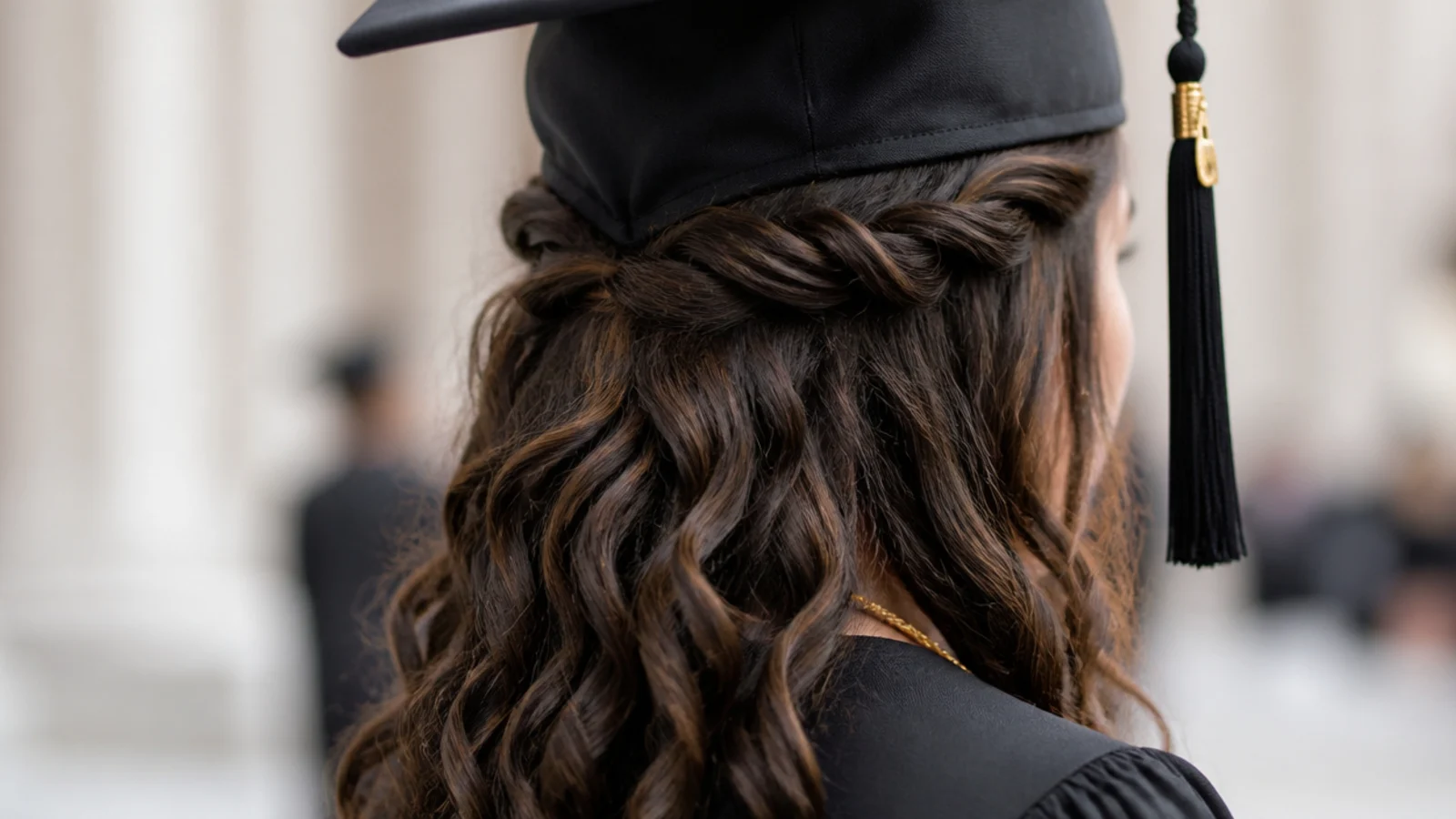Rope twist half-up on 2C waves pinned at the back of the head with a graduation cap