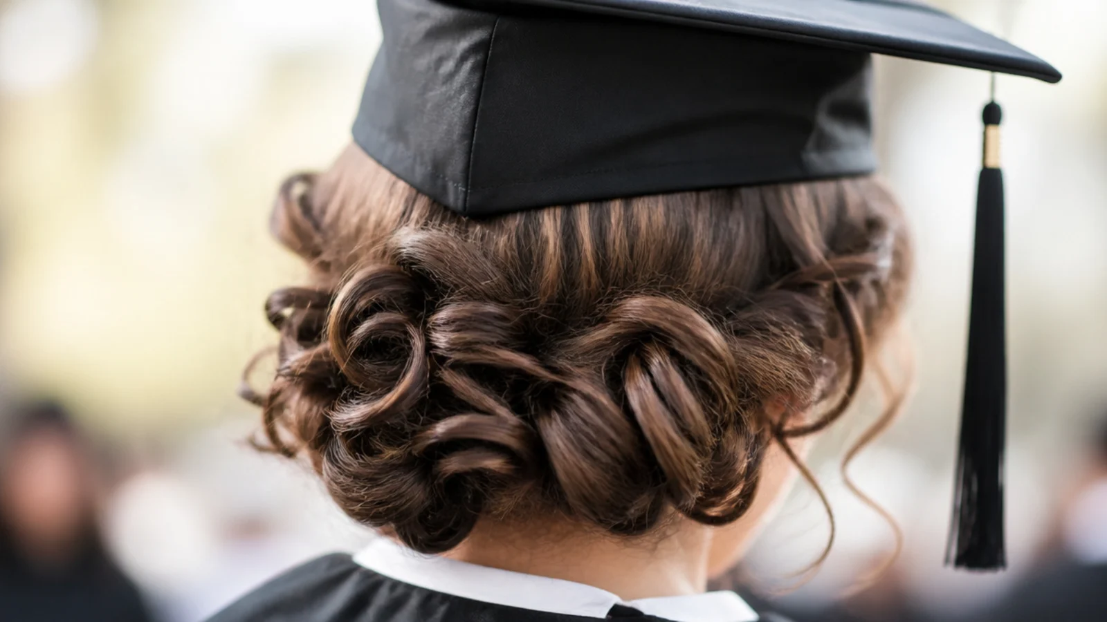 Curly faux bob created by pinning long curls under at the jawline beneath a graduation cap